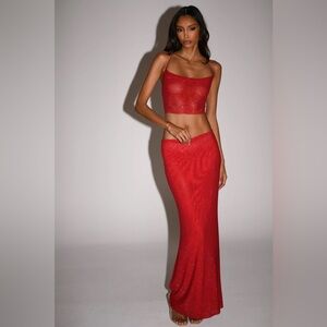 MESHKI Diamante Maxi Skirt and Strappy Diamante top - Red
